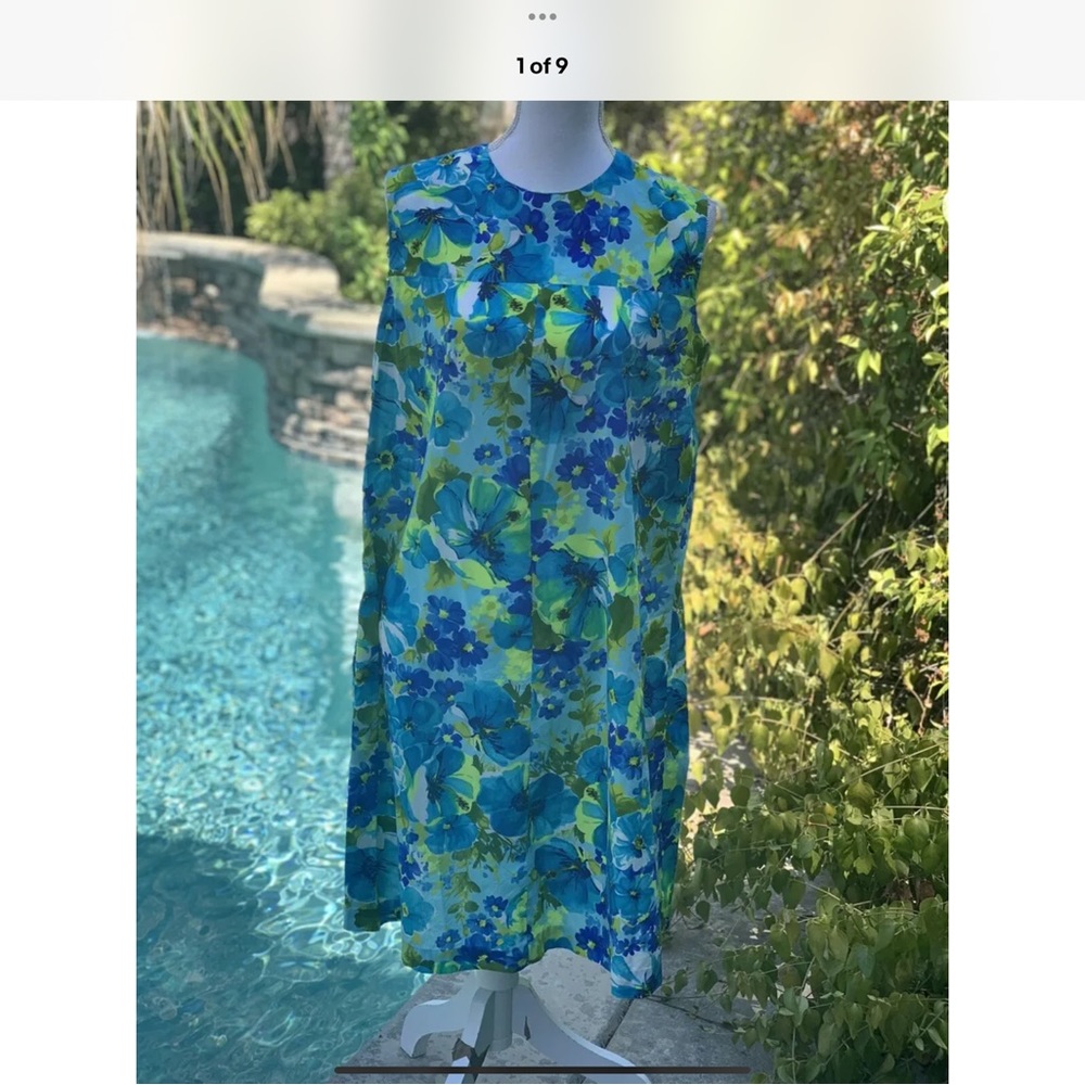 Vtg 💋60’s JC Penney’s Hawaii Dress Sz L Blue Green Floral Go Go Elvis Mod